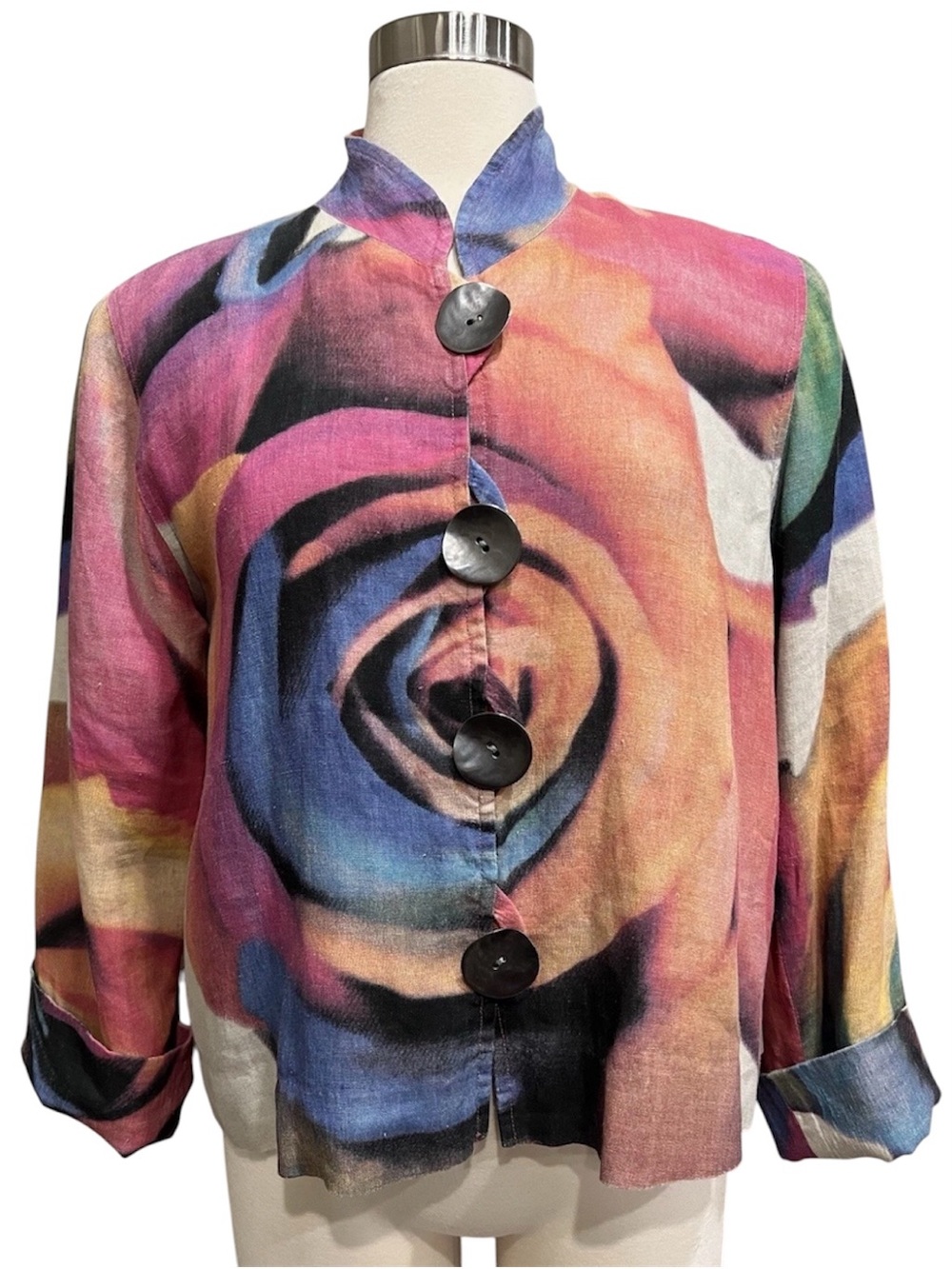 Caroline Rose Jacket S Floral Linen Artsy Colorful Metal Button